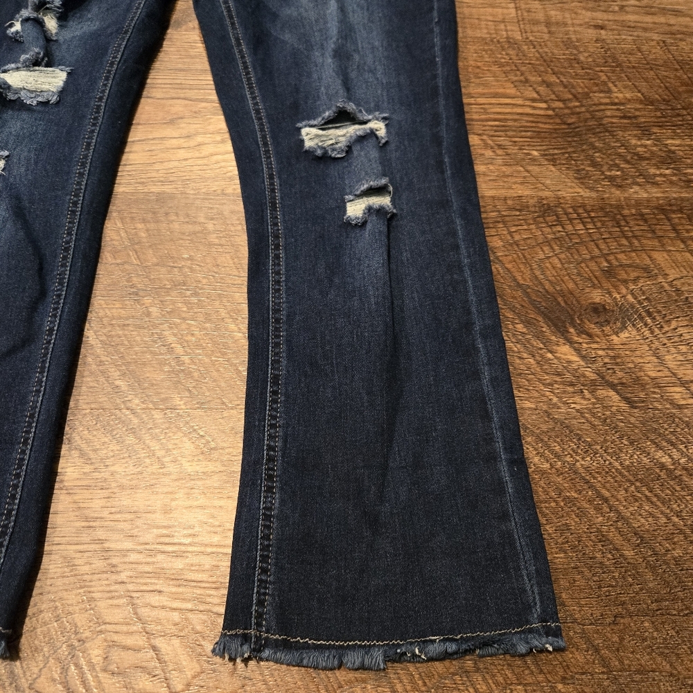 Denim Overalls Jeans Distressed Raw Hem Bootcut Dark Wash Cotton Stretch Farm S - Picture 5 of 13